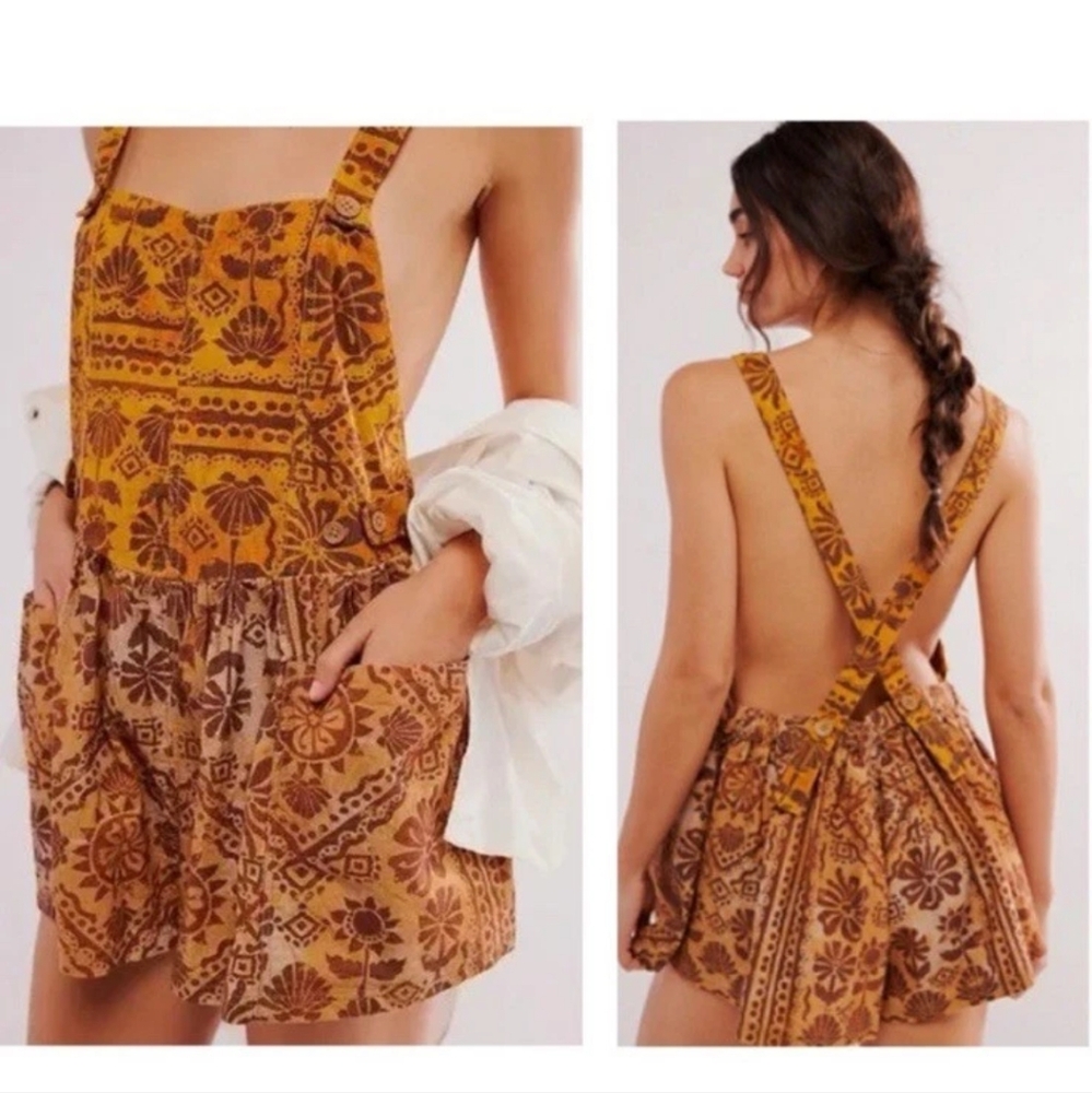 Free People Palm Bay Printed Shortalls Romper in Dessert Combo Size Large